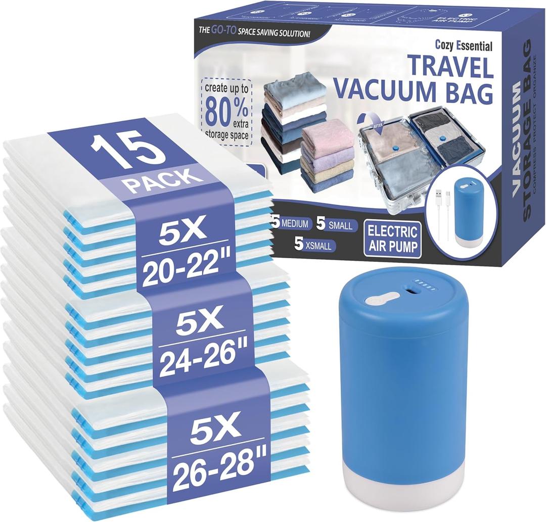 Cozy Essential Travel Vacuum Storage Bags with Rechargeable Cordless USB Pump, Space Saver Bags for Luggage, Suitcase, Carry-On, for Clothes, Blankets, Bedding & Seasonal Storage,15 Combo