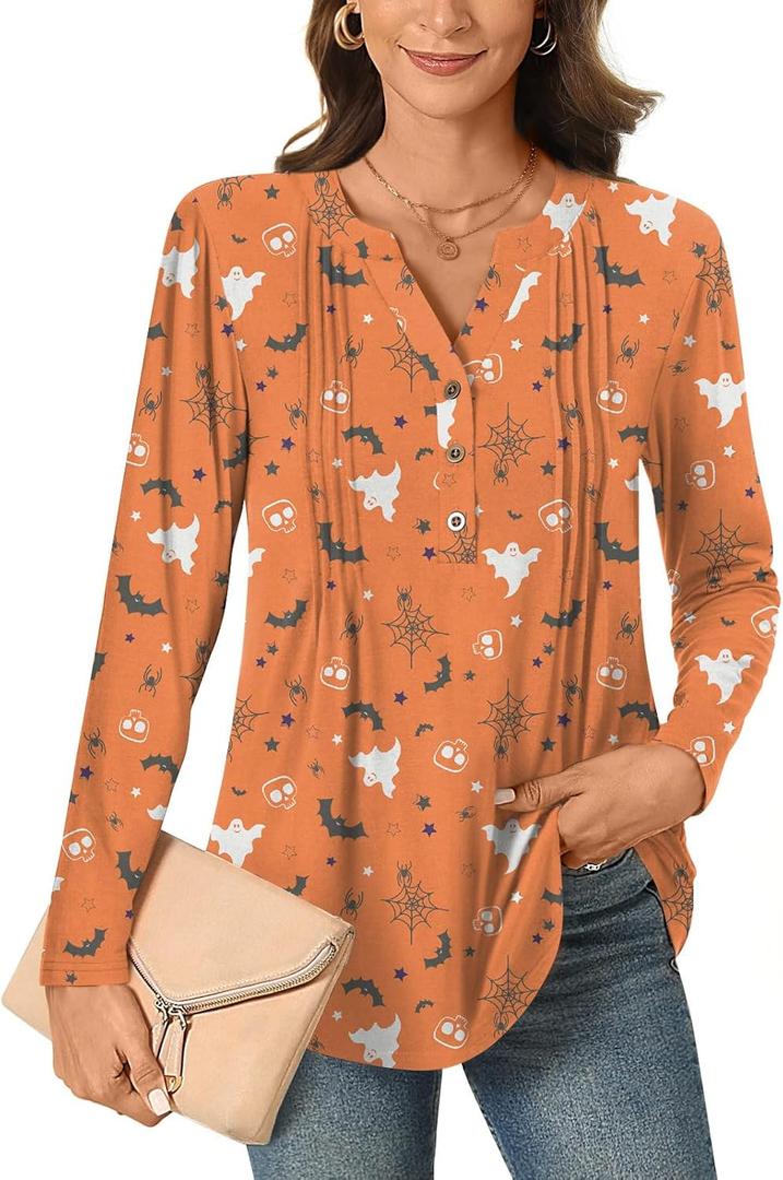 Bestbee Women's Long Sleeve Button-Down Shirts V Neck Tunic Tops 2024 Fall Tops Casual T-Shirts Dressy Blouses (Red, L)