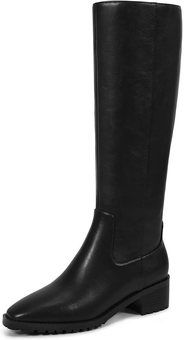 ISNOM Knee High Boots Women Chunky Low Heel Square Toe Elastic Boots Side Zipper Faux Leather Fall Long Tall Boot (8.5, Black-block Heels)
