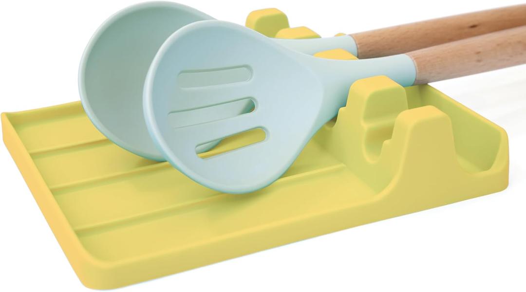 Silicone Spoon Rest - Large Cooking Utensil Holder with Drip Pad Walls - Multiple Spoon Rest with Wider Slots for Bigger Utensils, BPA-Free Spatula Rest for Stove, Kitchen, Countertop (Luminous Yellow)