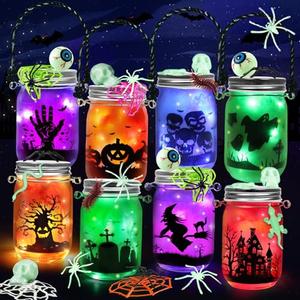 Letapapa Halloween Crafts for Kids, 8 PCS Mason Jar with Accessories for DIY Craft & Art Party Favor Supplies, Halloween Decoration Trick or Treating, Classroom Art Activities