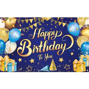KatchOn | Blue and Gold Happy Birthday Banner - XtraLarge 72x44 Inch | Happy Birthday Decorations for Men & Women | Blue and Gold Birthday Decorations | Happy Birthday Backdrop for Party