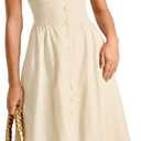 RIHOAS Casual Dresses for Women Short Sleeve Square Neck Midi Dress | Elegant,Botton,Puff Sleeve,A-Line,Cotton linen,Church,Vacation,Semi Formal,Beach,Retro,X Cross,Summer (Beige, M)