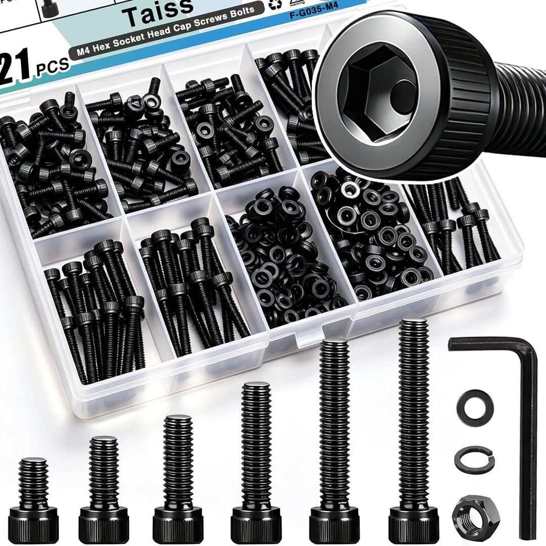 Taiss 380PCS M4 Screw Kit M4x6/8/12/16/20/30mm 6 Size Hex Socket Head Cap Screws,M4 Bolts and Nuts & Washers Assortment with Hex Wrench 12.9 Grade Alloy Steel Black Zinc Plated Small Metric Screws