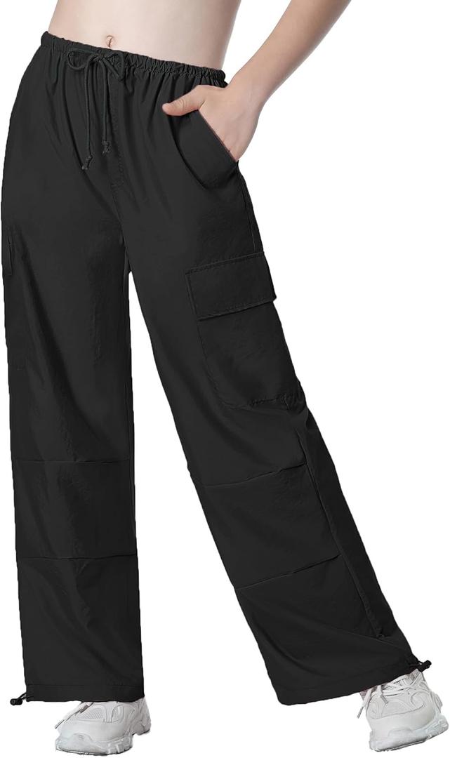 Mebius Girls Parachute Pants Baggy Cargo Hiking Joggers Hip Hop Dance with Pockets Trousers for Kids 8-14Y, Black