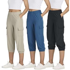 3 Pack:Women's Woven Cargo Capri Jogger Pants Tactical Hiking 5 Pockets Water Resistant Quick Dry Active Pockets Drawstring (Medium, Set 8)
