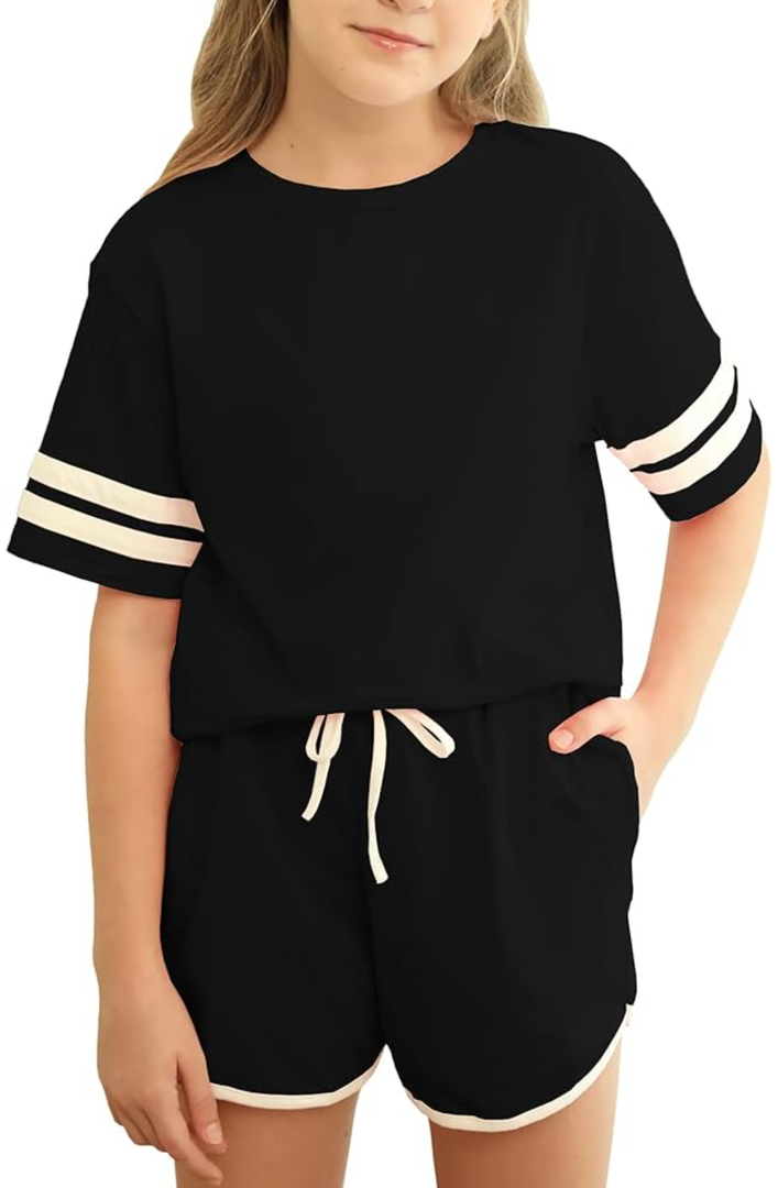 simtuor Girls Shorts Set Short Sleeve Striped Tops and Shorts with Pockets 2 Pcs Outfits Summer Sport Tracksuits 6-7Y