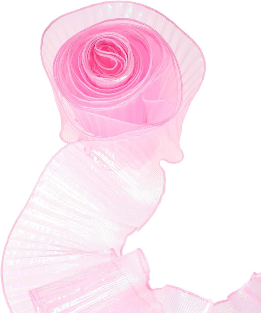 uxcell 5.5" x 11 Yards Ruffle Pleated Organza Trim Iridescent Pleated Lace Trim Ribbon Sewing Lace Fabric Trim for DIY Craft Dress Clothing Wedding Gift Home Decoration, Pink