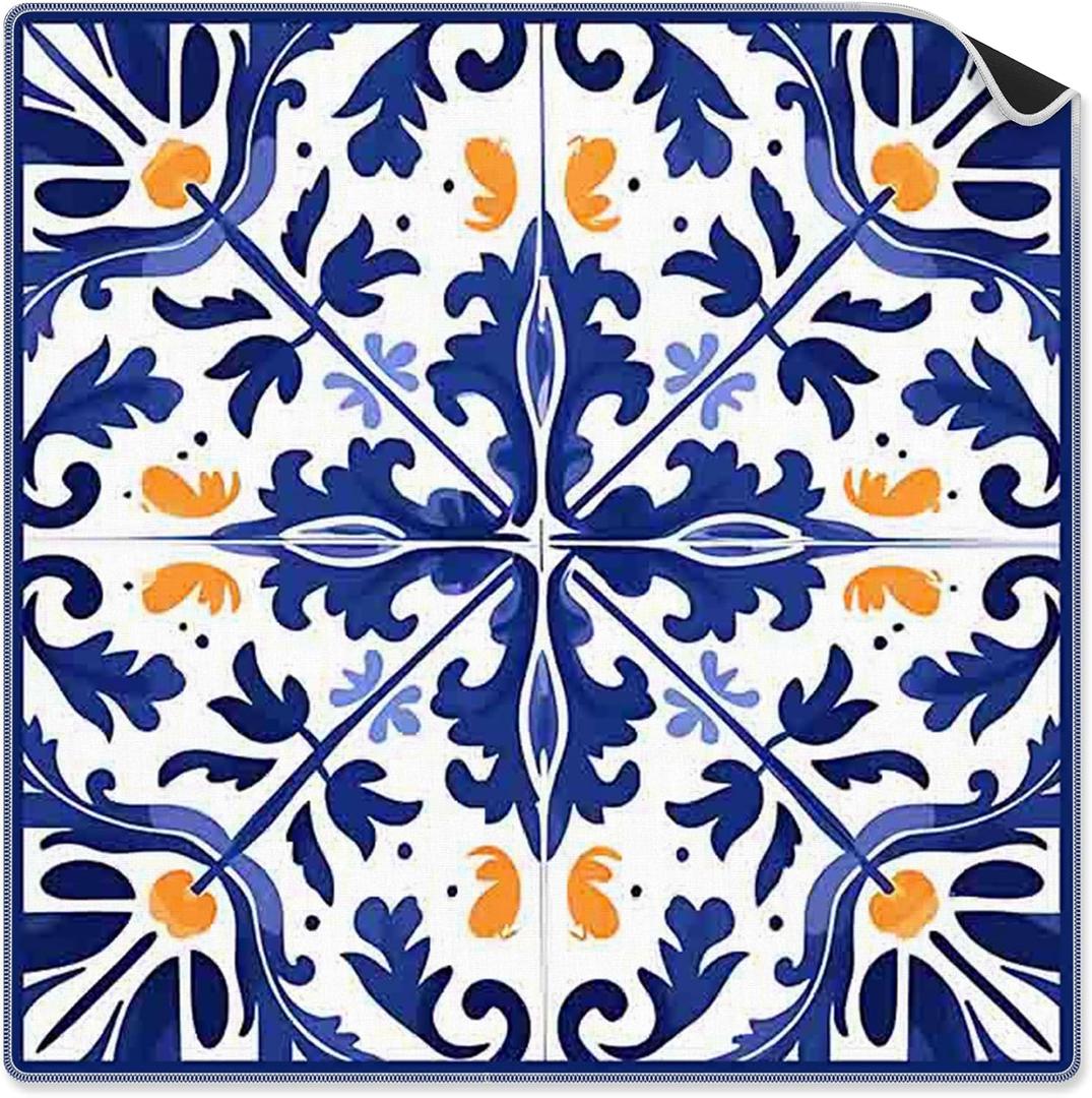 Mediterranean Blue and Orange Tile Mahjong Mat 31.5 x 31.5 in