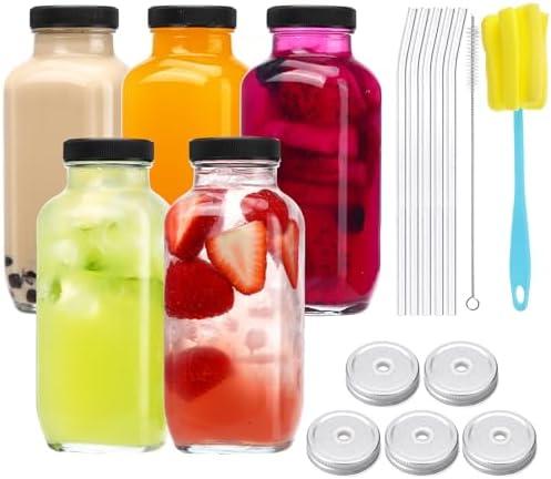 CUCUMI 5pcs 16oz Glass Juice Bottles with Lids, Reusable Juice Containers Drinking Jars Water Cups with Brush, Glass Straws, Lids with Hole