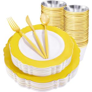 WDF 150pieces Yellow Disposable Dinnerware Hign-end Baroque Design - Sturdy&Durable Baroque Yellow Sunshine&Gold Plastic Dinnerware for Upscale Wedding &Parties