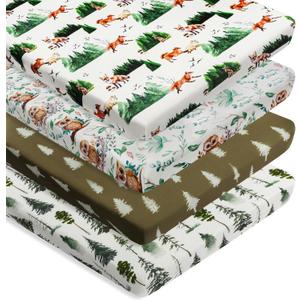 4 Pack N Play Sheets Woodland Forest Animals Wood Neutral Unisex Fitted Baby N Play Sheets Fitted for Standard Pack and Plays and Mini Cribs Set for Baby Boys or Girls (Paint Fox)