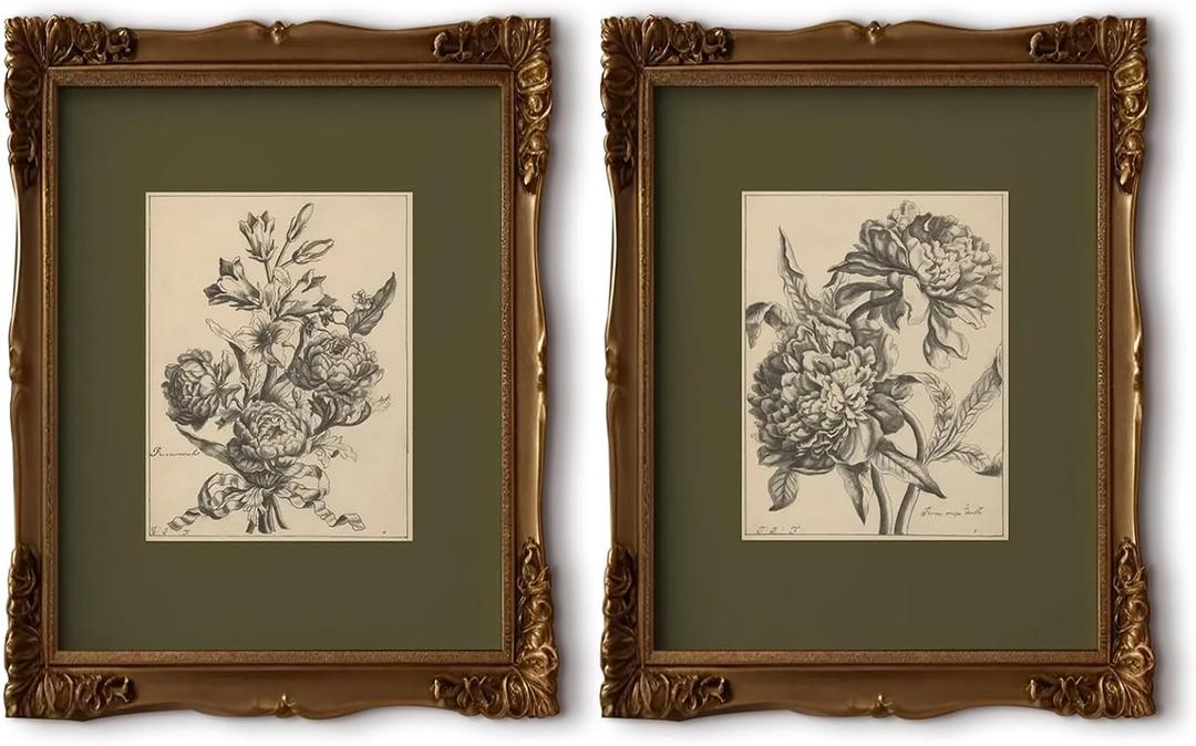 Flower Sketch Wall Art Sage Green Floral Canvas Poster Vintage Botanical Wall Decor Peony Flower Prints Dark Green Pictures Antique Floral Drawing Painting for Bedroom Living Room 12x16 Inch Unframed