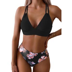 Tainehs Women's Push Up V Neck Bikini Sets Criss Cross Back Two Piece Bathing Suit (Small, Black Floral)