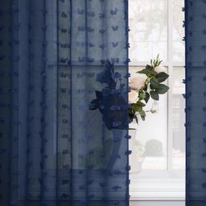 Navy Blue Sheer Curtains 84 Inches Long for Living Room Pom Pom Modern Boho Voile Drapes Window Semi Sheer Transparent Dark Blue Sheer Curtain for Bedroom Boys Kids Room 2 Panels Back Tab 52x84 Length