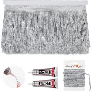 Silver Glittery Fringes, 5 Yards X 4 Inch Fringe Trim with B7000 Glue, Tassels Trim for Crafts Sewing Fringe Trim by The Yard for Clothing Curtain