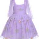 Flower Girl Floal Lace Tulle Dress Princess Backless Wedding Junior Bridesmaid Pageant Communion Dance Maxi Gown (12-18 Months, Purple & Floral)