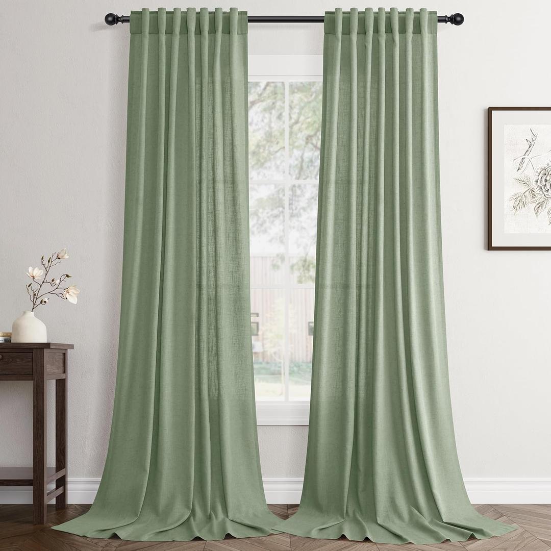 Jowels Mist Sage Linen Back Tab Curtains 84 Inch Length for Living Room 2 Panel Pocket Drape Light Filtering Semi Sheer Cream Country Rustic Farmhouse Boho Curtain Bedroom Pinch Pleated Look