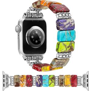 Newlibery Beaded Natural Stone Bracelet Band Women Compatible with Apple Watch 38/40/41/42mm(S10/11) Boho Elastic Western Vintage Imperial Stone Strap for iWatch Series 11/10/9/8/7/6/5/4/3/2/1/SE