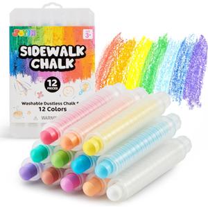 JOYIN 12 PCS Dustless Sidewalk Chalk for Kids with Holder, 12 Colors, Non-toxic Washable Colored Chalk, School Supplies, Kids Outdoor Activities