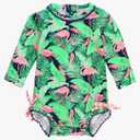 RuffleButts Baby Girls UPF 50+ Sun Protection Tropical Print Long Sleeve One Piece Rash Guard Swimsuit with Zipper, 2T