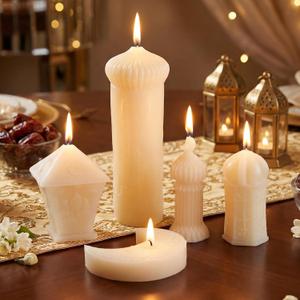 Yinkin 5 Pcs Ramadan Mubarak Scented Soy Candles Eid Islamic Muslim Home Decorations Ramadan Mosque Shaped Pillar Candles Set Gift for Islam Eid Muslim Festival Home Decor, 5 Design