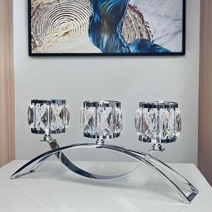 3 Arms Crystal Bowl Tealight Candelabra Votive Candle Stand, Wedding centerpieces for Tables Crystal CandlestickCenterpiece Table Decorations (Silver)