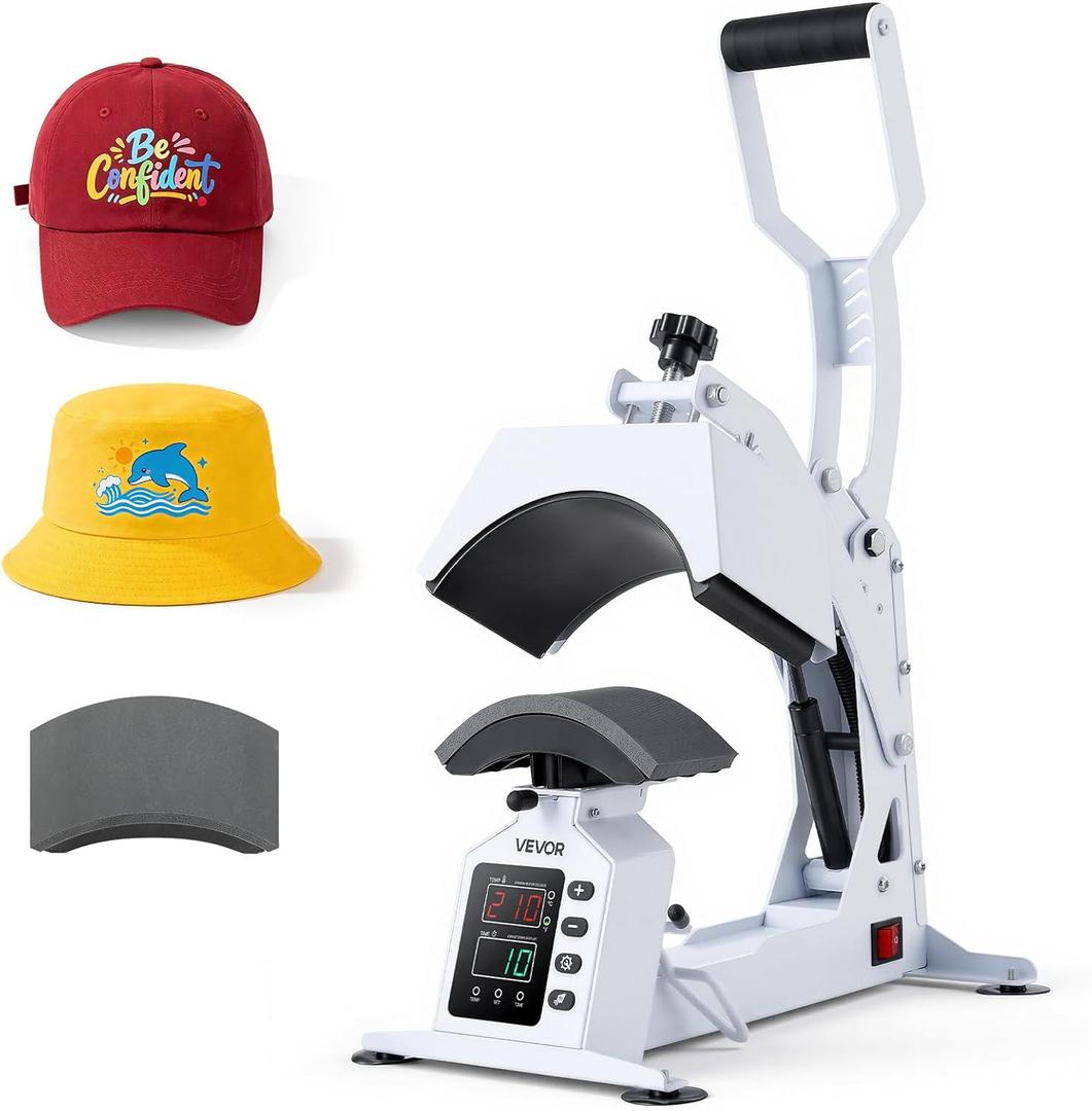 VEVOR Hat Heat Press Machine, with 2 Interchangeable Platens and Caps Stretcher, Precise Temperature & Time Control, Heat Press for Hats and Caps, for HTV Iron On and Sublimation Projects, White