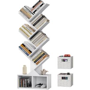 Vagusicc Tree Bookshelf, 6 Tier Bookshelf with Storage, Tall Narrow Bookcase, Rustic Wood Book Storage Rack for CDs/Books, Small Book Organizer Shelves for Bedroom, Living Room, Home Office, White