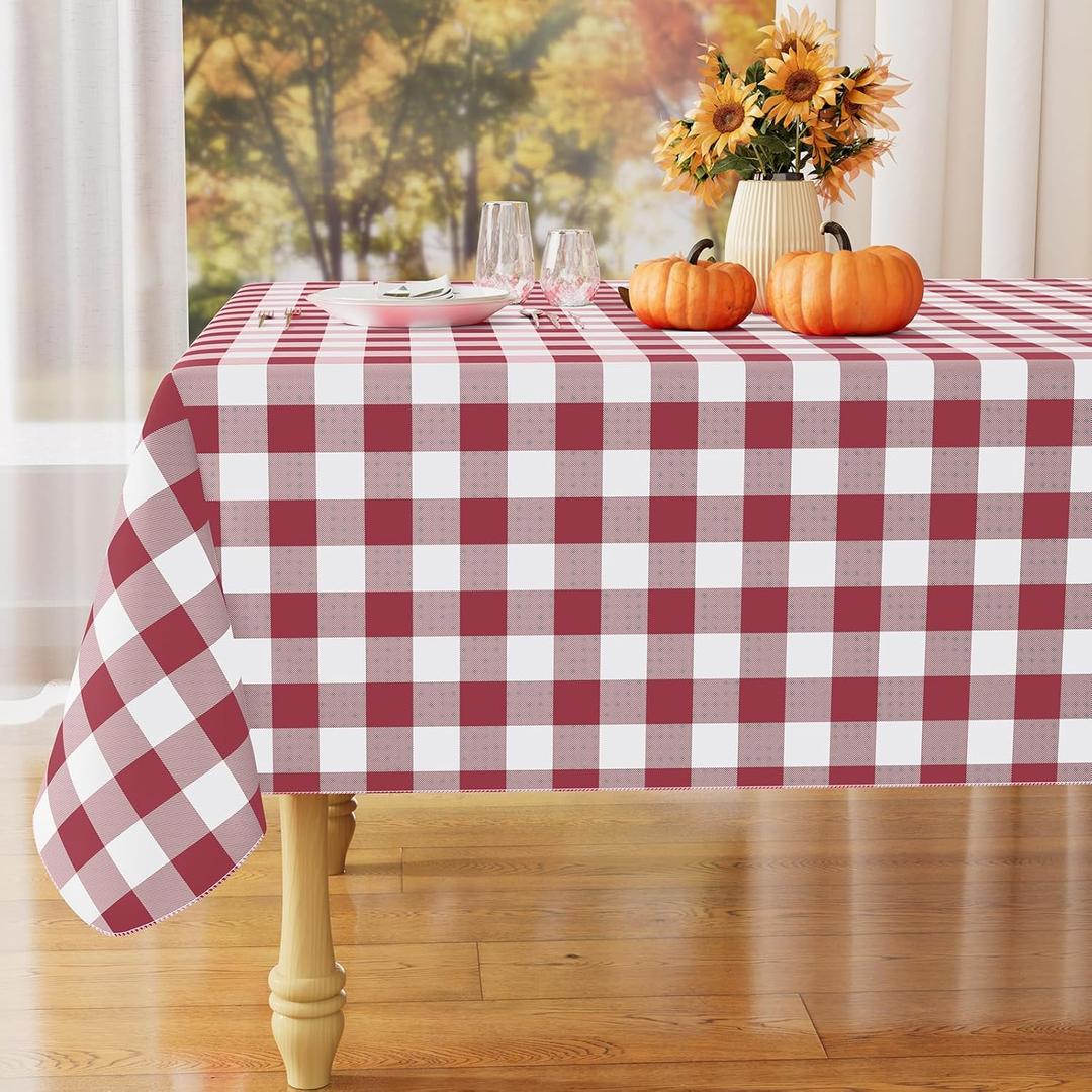 misaya Square Waterproof Vinyl Table Cloth, Buffalo Flannel Backed Tablecloth, Wipeable Plastic Table Cover for Dinner, Kitchen, Outdoor (54" x 54", Burgundy and White)