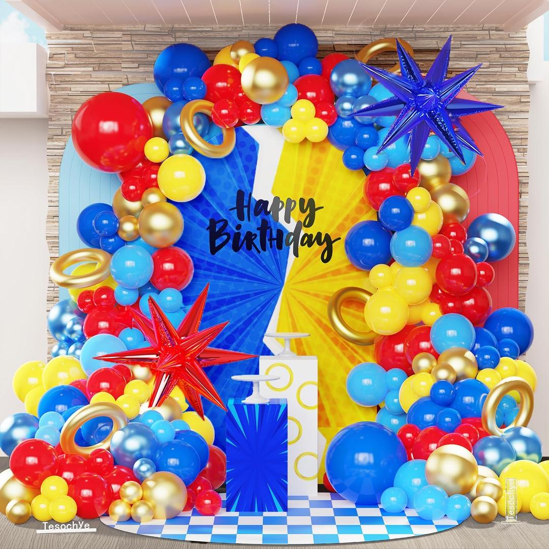 142 Pcs Cartoon Hedgehog Red Blue Yellow Balloon Arch Kit,Gold Circle Twisting Balloons with Exploding Star Foil Balloons for Video Game Theme Birthday Party Carnival Circus Baby Shower Decorations