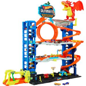 Hot Wheels City Ultimate Garage Track Set with 2 Die-Cast Toy Cars & Car-Eating Dragon, Stores 50+ Vehicles, 4 Levels, Large