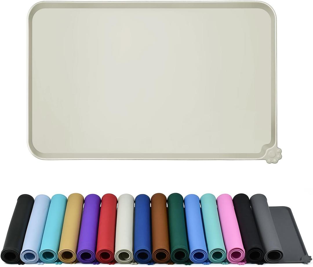 Reopet Waterproof Pet Feeding Mat with High Raised Edges, Heavier and Thicker Placemats for Cat Dog Water Bowl with BPA Free, Dogs Cats Food Mats for Messy Drinkers to Prevent Spill and Protect Floors (18.5" x 11.5", Beige)