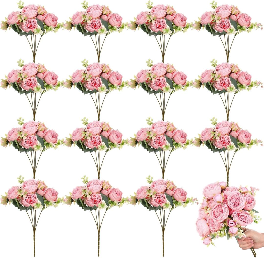 Crowye 16 Bundles Artificial Peonies Realistic Flowers with Stems Bouquet Peonies for Table Centerpieces Wedding Decoration Bridal Floral Arrangement (Light Pink)