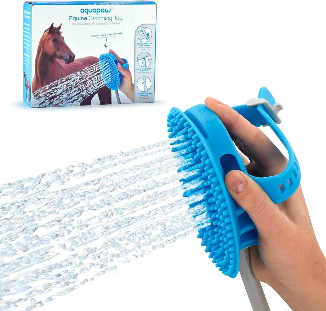 Aquapaw 5-in-1 Horse Bathing Tool & Curry Comb for Washing, Spraying, Scrubbing, Massaging & Grooming | Includes 3 Foot Garden Hose & Adapter | 1 Size Fits All - Great for Horses, Livestock & Big Dogs (X-Large, Blue)