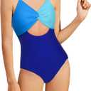 NECIOUS Girls Swimsuit One Piece Girl Bathing Suits Color Block Cutout Teen Girls' Swimwear with Cover Up Skirt Size 14,16Y