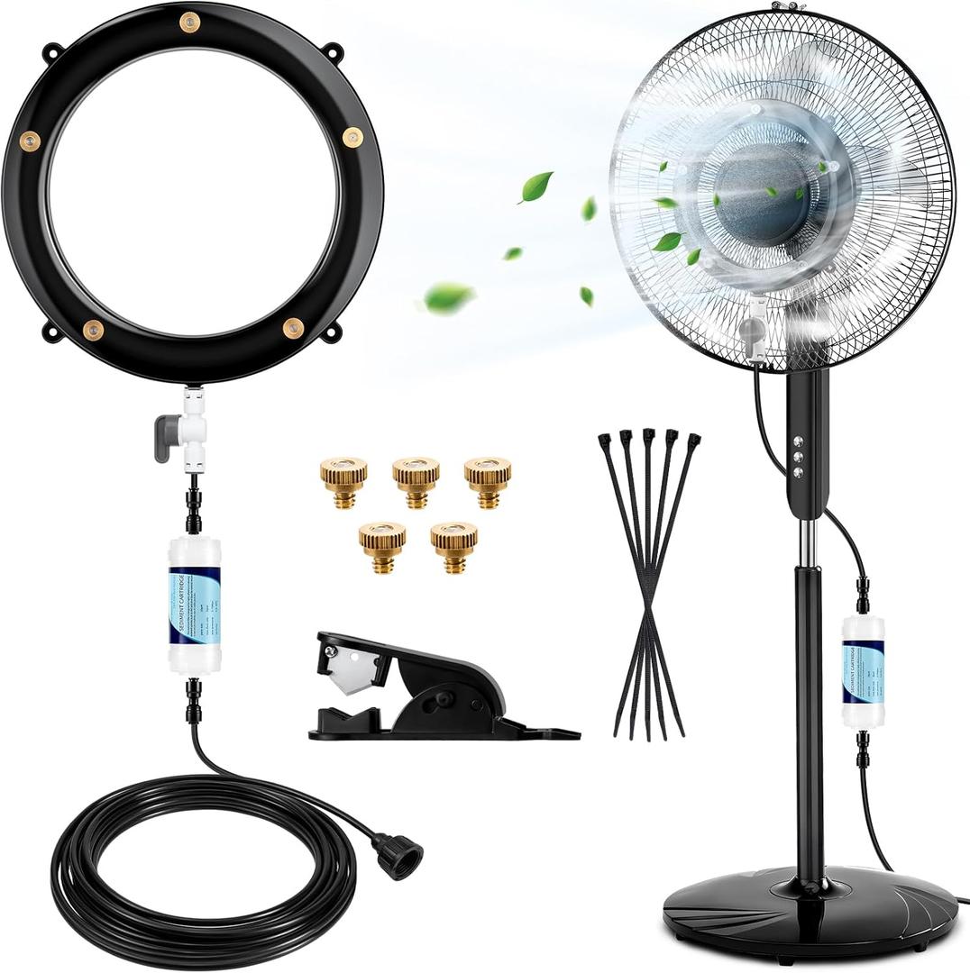 Upgraded Misters for Outside Patio,Portable Fan Misting Kit with Hose Filter+19.7FT Misting Line+5 Brass Mist Nozzles+3/4"Adapter,Outdoor Water Misting Cooling System for Patio,Garden,Backyard