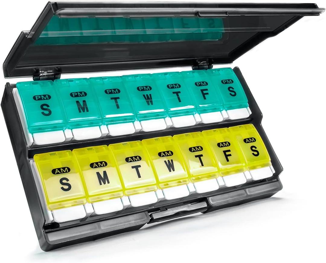 Weekly Pill Organizer 2 Times a Day - Remtise Am/Pm Daily Pill Case Medicine Organizer, Push Button 7 Day Pill Box for Pills/Vitamin/Cod Liver Oil/Supplements (Cyan & Yellow)