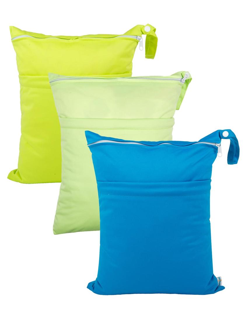 babygoal Wet Dry Bags 3 Pack for Baby Cloth Diapers, Washable Travel Bags, Beach, Pool, Gym Bag for Swimsuits & Wet Clothes with 2 Pockets 3LN10 (Green and Blue)