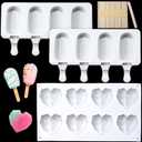 2 Pieces 4 Cavity Oval Ice Lolly Molds Silicone Ice Cream Cake Pop Molds, 8 Cup Diamond Geometric Heart Shaped Chocolate Molds with 50 Pieces Wooden Sticks for Valentines Day Baking