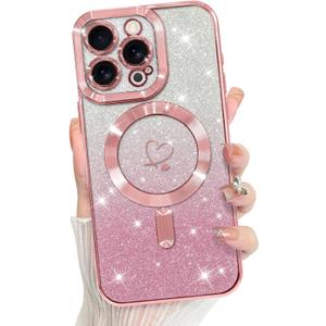 Bonoma Compatible with iPhone 16 Pro Max Case Support for MagSafe, Plating Heart Glitter Magnetic 2* Screen Protector TPU Camera Protection Back Cover for Girls Women -Pink