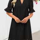 MEROKEETY Women's 2026 Summer Short Sleeve Mini Dress V Neck Ruffle Hollow Out Eyelet Lace Dresses (L)
