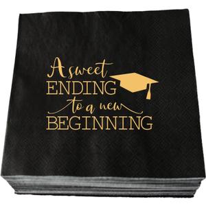 A Sweet Ending to A New Beginning Paper Cocktail Napkins, 50 Pcs Black & Gold Class of 2025 Graduation Party Decorations for High School College University Grad, The Adventure Begins/Continues, 3 Ply