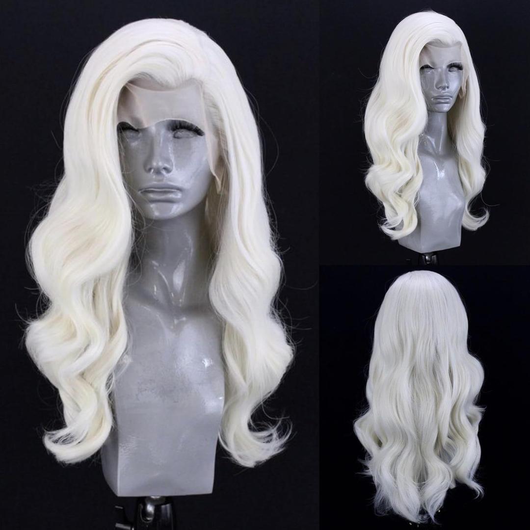 White Blonde #60 Long Wavy Hair Synthetic Lace Front Wig Natural Hairline Heat Resistant Fiber Hair Free Part Glueless Lace Wig for Women Cosplay Wigs