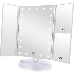 Flymiro Trifold Lighted Vanity Makeup Mirror with 3x/2x Magnification,21 LEDs Light and Touch Screen,180 Degree Free Rotation Countertop Cosmetic Mirror,Travel (White)