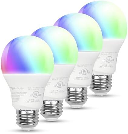 Amazon Basics Smart A19 LED Light Bulb, Color Changing, 9W (60W Equivalent), 800LM, Works with Alexa Only, 2.4 GHz Wi-Fi, No Hub Required, 4 Pack