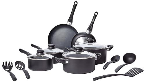 Amazon Basics Non-Stick Kitchen Cookware 15-Piece Set with Stay-Cool Handles, Even Heating, Non-Induction, Includes Pots, Pans, and Utensils, Black