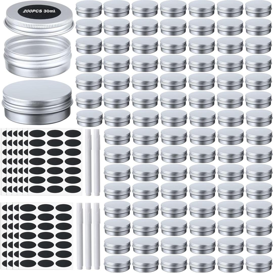 200 Pack Metal Tins Aluminum Containers with Lids Screw Top Round Tin Cans for Cosmetic Lip Balm DIY Salves Candles Wax with 5 Markers 10 Sheets Label Stickers (1 oz, Silver)