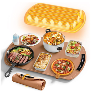 Food Warming Mat, Electric Warming Tray for Buffets & Parties, Silicone Heating Mat for Food with 9 Temperature Settings, Roll-Up Storage, 25.8"x15.6", Brown