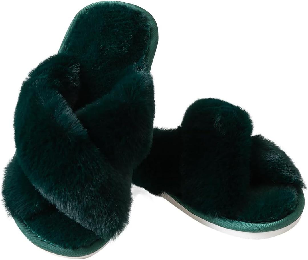 2 x Womens Cross Band Slippers Cozy Furry Fuzzy House Slippers Open Toe Fluffy Indoor Shoes Outdoor Slip on Warm Breathable Anti-skid Sole, (Mix Colors, Size 9-19, 5-6)